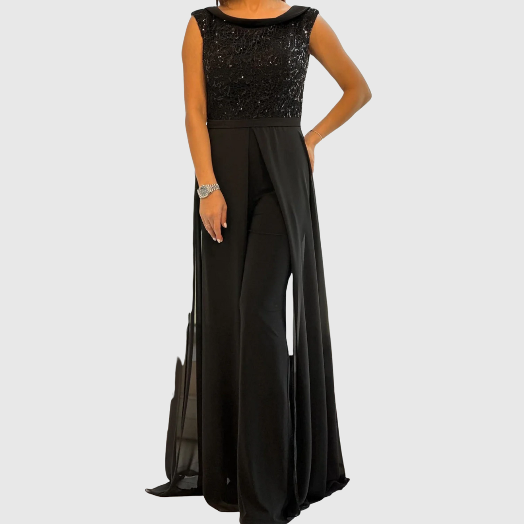 Elegant Black Sequin Jumpsuit for Women with Boat Neck Sleeveless Chiffon Wide Leg Formal Style