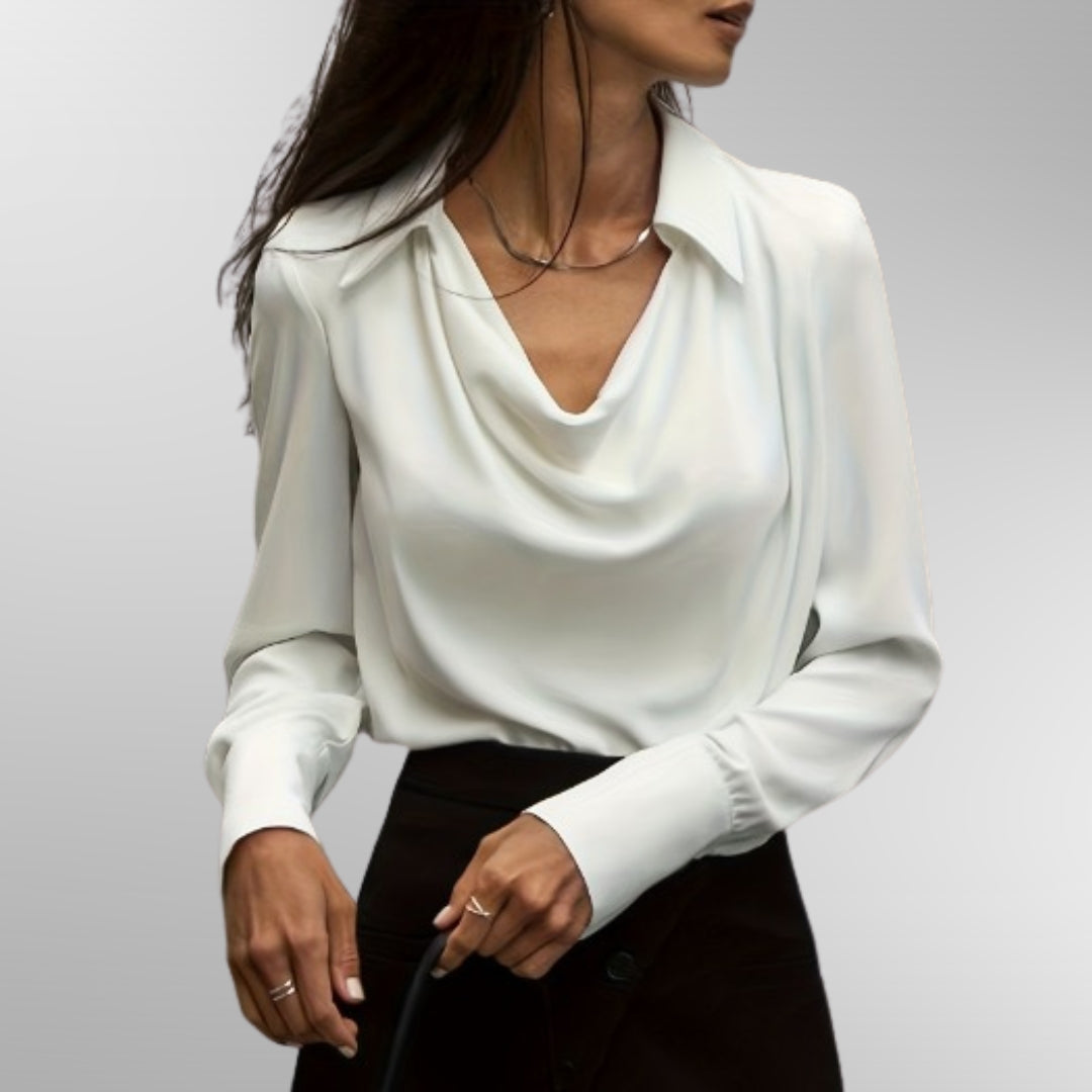 Elegant Satin Blouse for Women with Cowl Neck Long Sleeve Draped Collar Formal Style