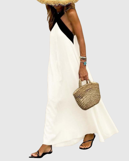 Effortless Colorblock Maxi Dress for Women with Halter Crossover Neck Sleeveless Casual Style