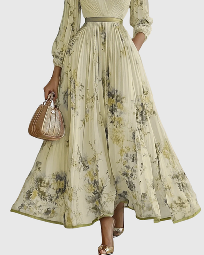 Elegant Floral Pleated Maxi Dress for Women with Deep V-Neck Sleeveless Belted Formal Wedding Guest Style