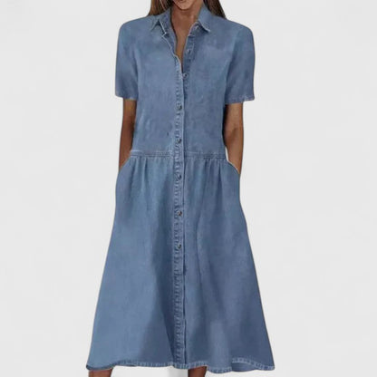 Effortless Denim Shirt Dress for Women with Collared Button Down Short Sleeve Tiered Ruffle Casual Style