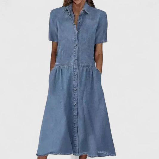 Effortless Denim Shirt Dress for Women with Collared Button Down Short Sleeve Tiered Ruffle Casual Style