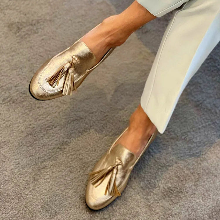 Comfortable Gold Loafers for Women with Tassel Style