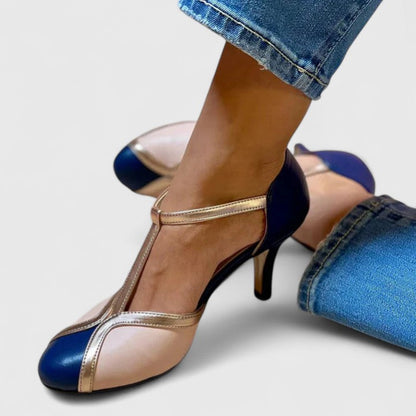 Comfortable Color Block Heels for Women with T Strap Style