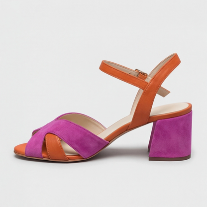 Comfortable Pink Color Block Heels for Women with Orthopedic Chunky Heel Ankle Strap Style