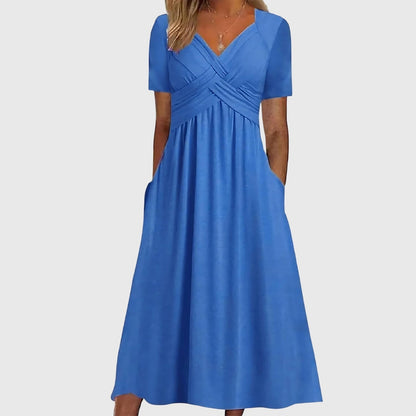 Effortless Wrap V-Neck Midi Dress for Women with Short Sleeve Pocket Casual Style