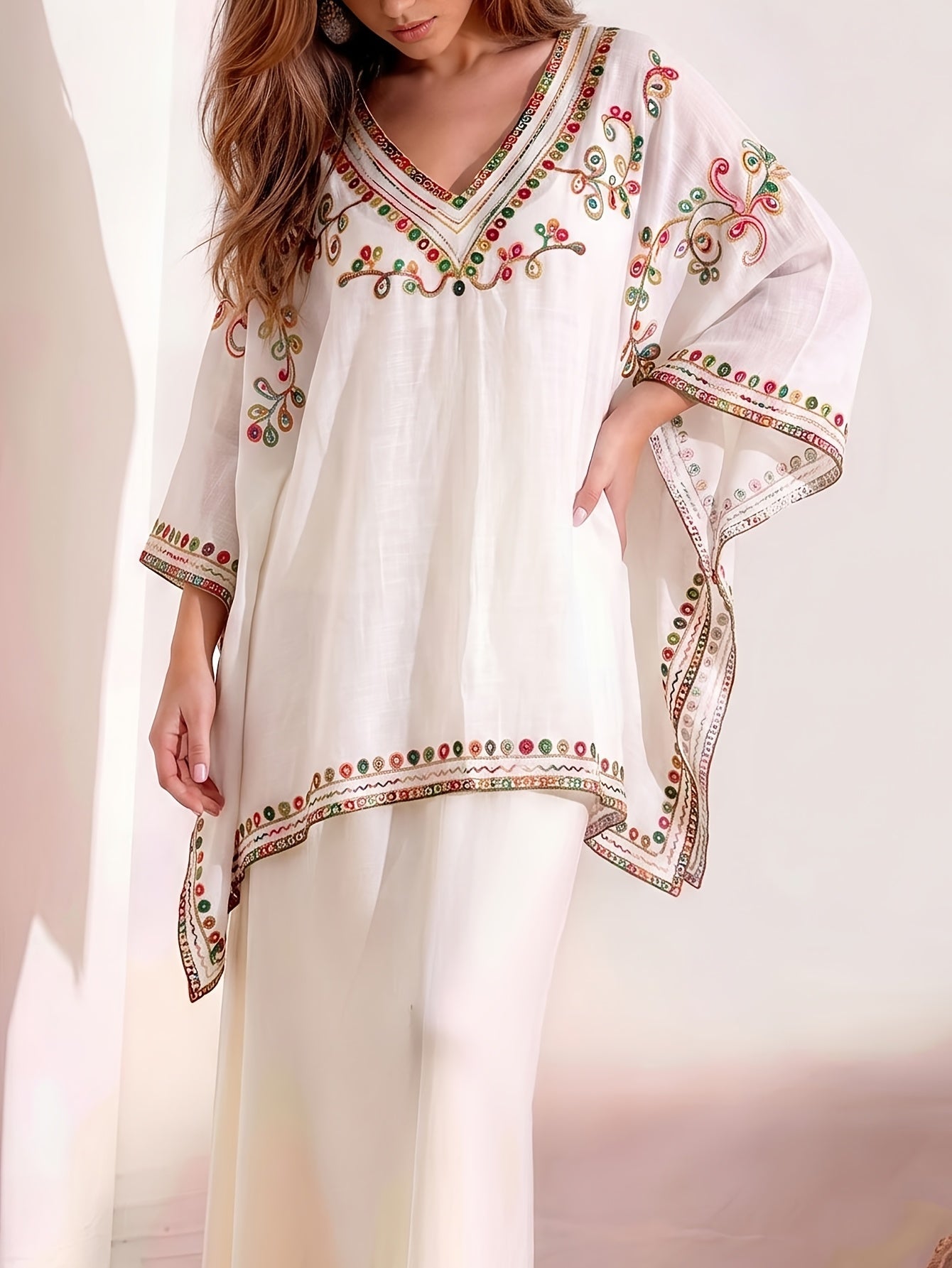 Effortless Poncho Shirts for Women with V-Neck Embroidered Trim Batwing Sleeve Style