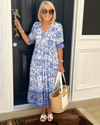 Stylish Flowy Floral Maxi Dress for Women with V Neck