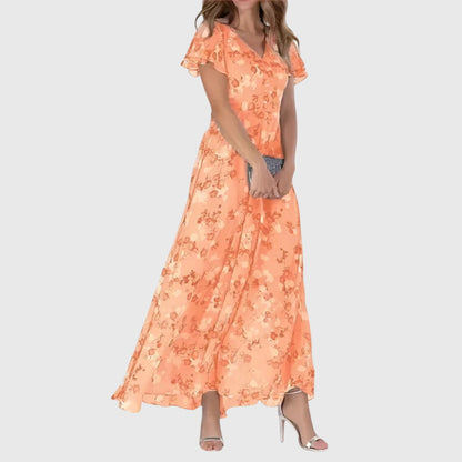 Effortless Floral Chiffon Maxi Dress for Women with V-Neck Flutter Sleeve Wedding Guest Style