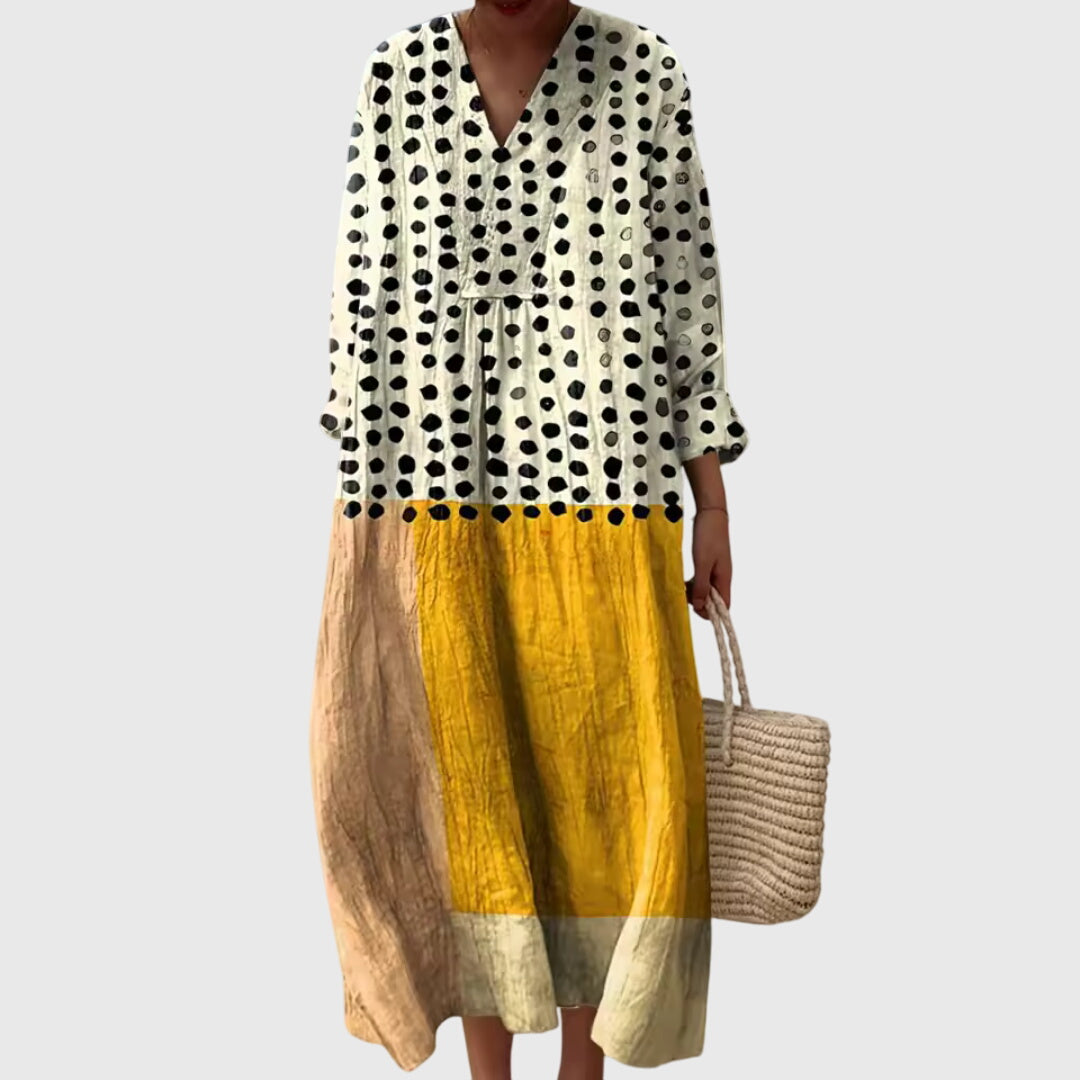 Effortless Colorblock Print Maxi Dress for Women with V-Neck Long Sleeve Casual Loose Style