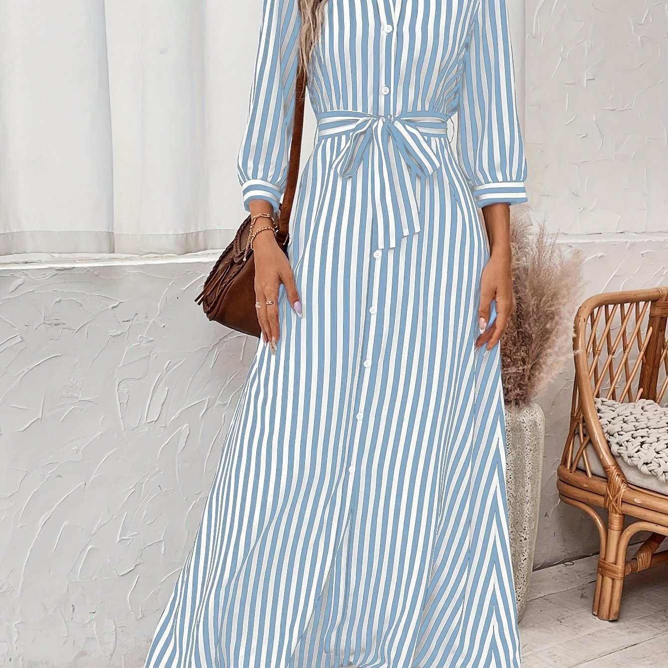 Effortless Striped Maxi Dress for Women with Collared Belted