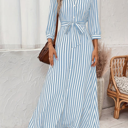 Effortless Striped Maxi Dress for Women with Collared Belted
