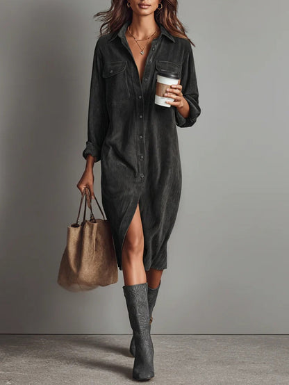 Effortless Corduroy Shirt Dress for Women with Button Down Long Sleeve Chest Pocket Midi Style