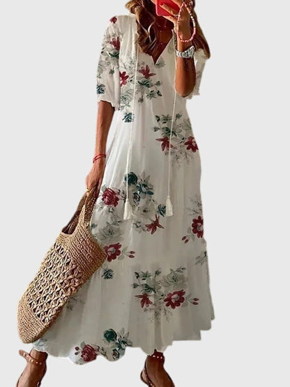 Effortless Ikat Print Maxi Dress for Women with V-Neck Tassel Tie Short Sleeve Casual Style