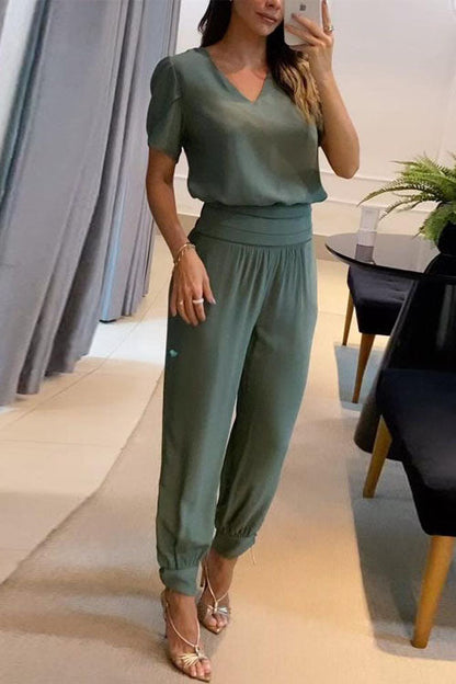 Effortless Two-Piece Set for Women with V-Neck Short Sleeve Top Elastic Waist Wide Leg Pants Casual Style