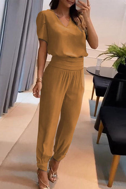 Effortless Two-Piece Set for Women with V-Neck Short Sleeve Top Elastic Waist Wide Leg Pants Casual Style