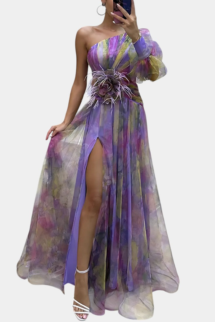 Elegant Abstract Print Maxi Dress for Women with One Shoulder Puff Sleeve Floral Waist Formal Style
