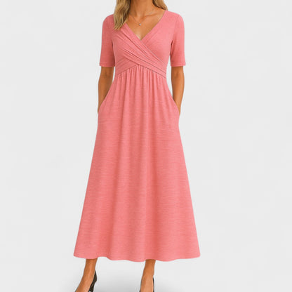 Effortless Wrap V-Neck Maxi Dress for Women with Short Sleeve Ruched Waist Pocket Casual Style