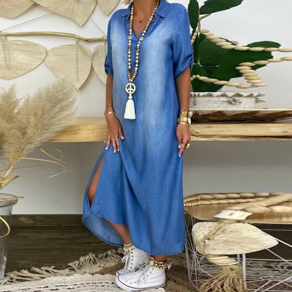 Elegant Blue Dress for Women with V Neck