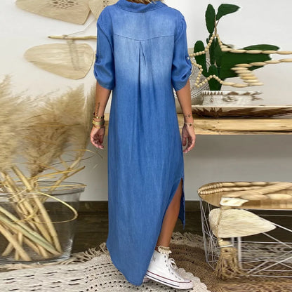 Elegant Blue Dress for Women with V Neck