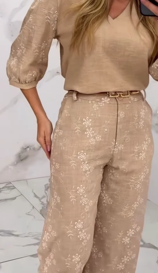 Elegant Two Piece Set for Women with Embroidered Floral Texture V-Neck Elbow Sleeve Straight Leg Pant Style