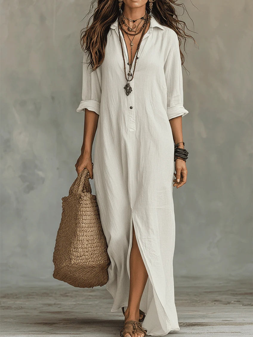 Effortless Shirt Dress for Women with Collar Button Down Long Sleeve Loose Fit Casual Maxi Style