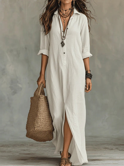 Effortless Shirt Dress for Women with Collar Button Down Long Sleeve Loose Fit Casual Maxi Style