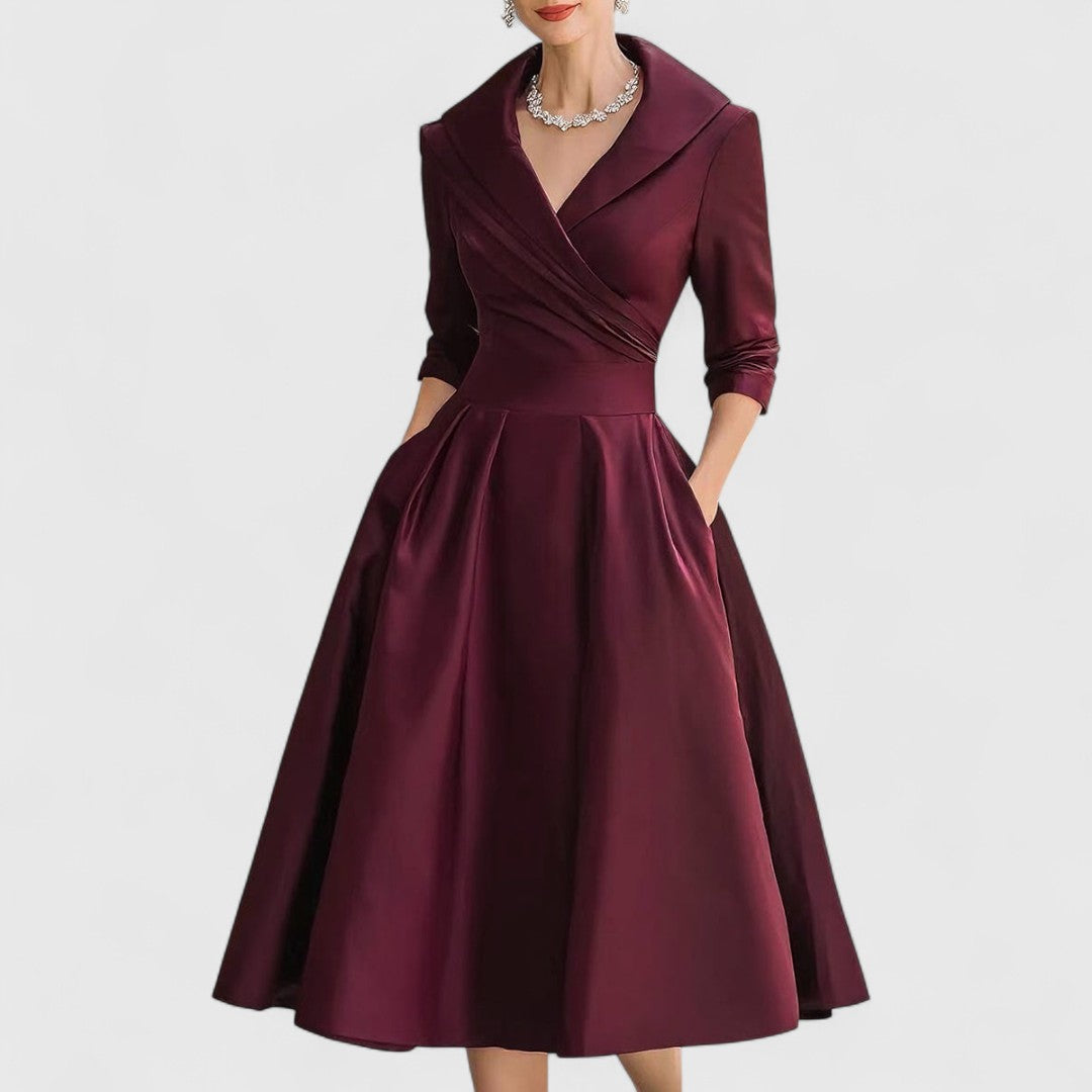 Elegant Satin Midi Dress for Women with Wrap V-Neck Three Quarter Sleeve Formal Wedding Guest Style