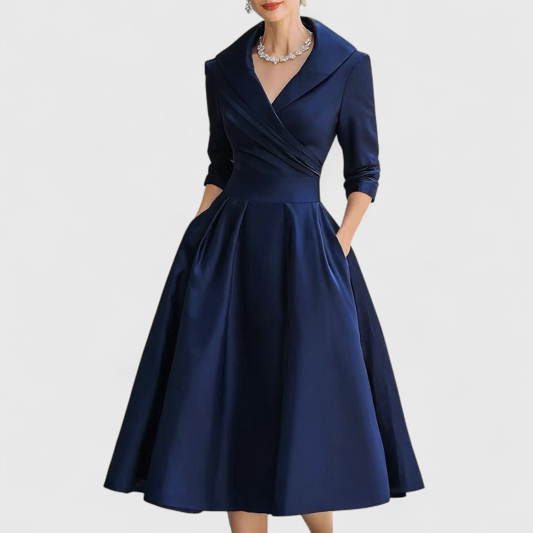 Elegant Satin Midi Dress for Women with Wrap V-Neck Three Quarter Sleeve Formal Wedding Guest Style
