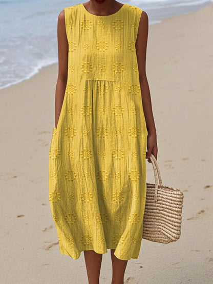 Elegant Floral Midi Dress for Women with Sleeveless Pocket