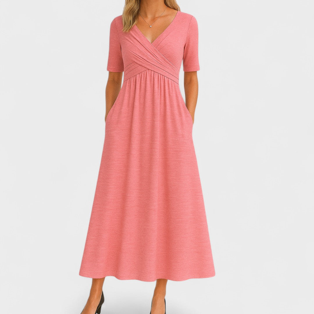 Elegant Wrap V Neck Maxi Dresses for Women with Short Sleeve Empire Waist Ruched Pocket Long Dress Style