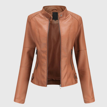Elegant Leather Jacket for Women with Stand Collar Zip Front Fitted Style