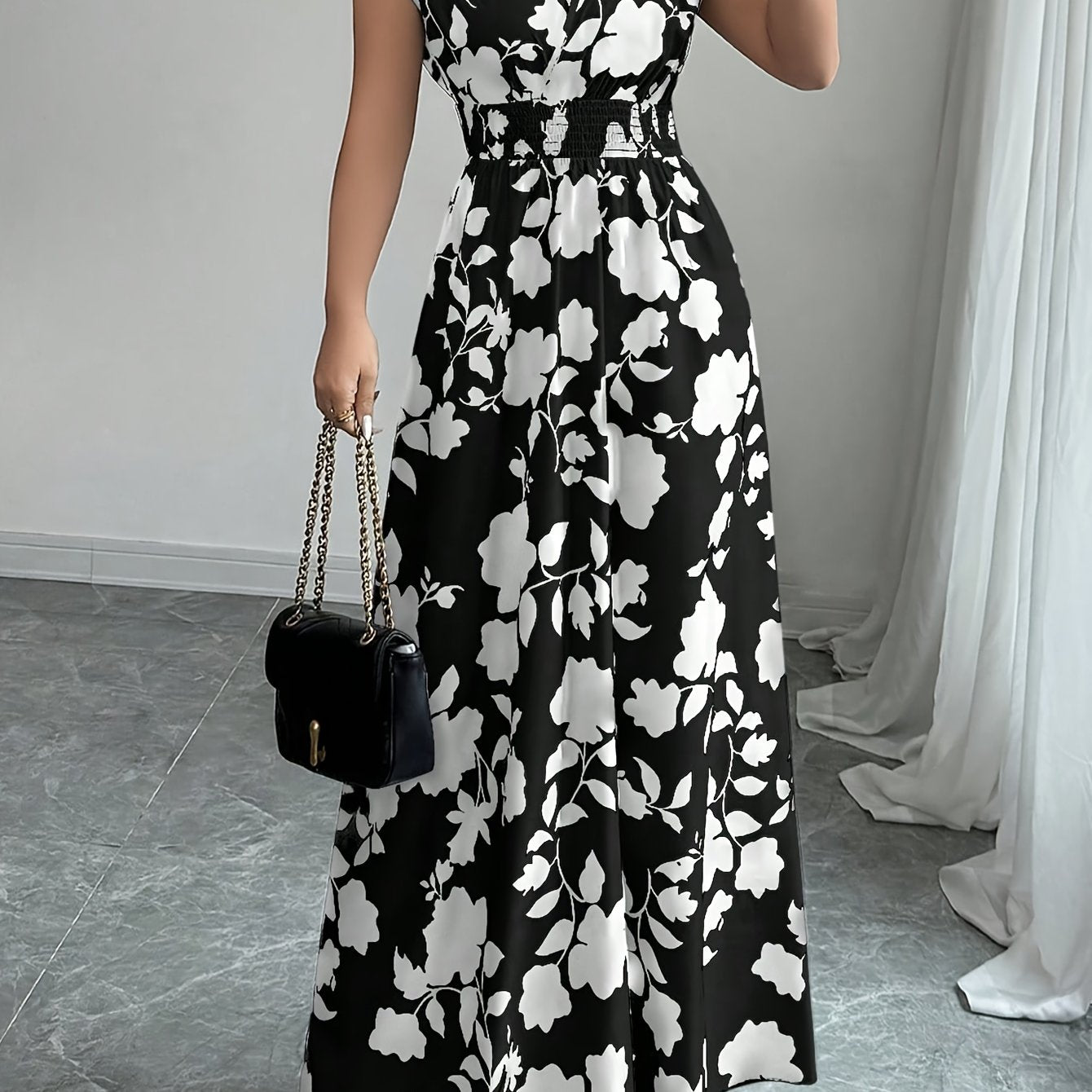 Elegant Floral Maxi Dress for Women with V Neck