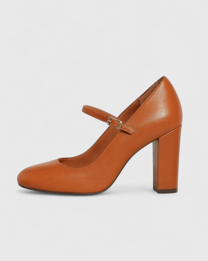 Comfortable Brown Heels for Women with Block Heel Ankle Strap Style
