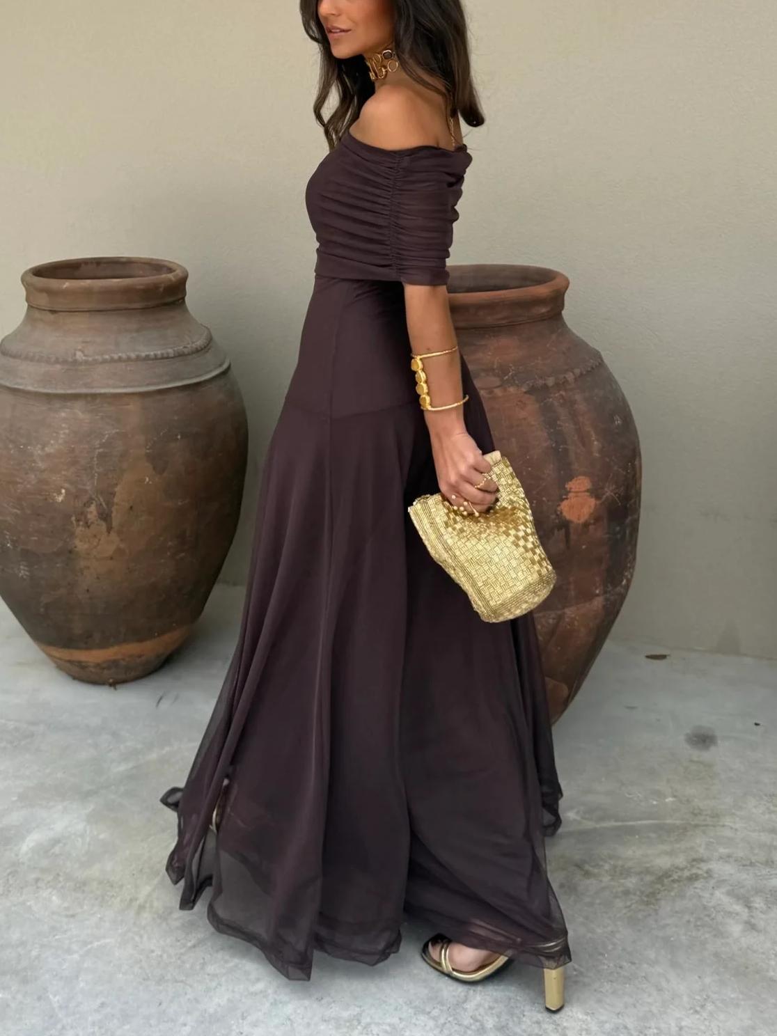 Elegant Maxi Dresses for Women with Mesh Off Shoulder Draped Neckline Ruched Bodycon Formal Style