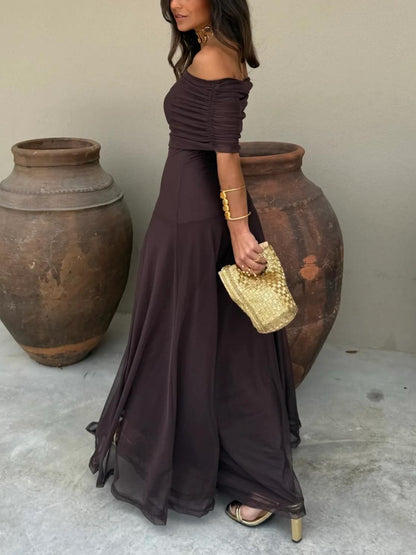 Elegant Maxi Dresses for Women with Mesh Off Shoulder Draped Neckline Ruched Bodycon Formal Style
