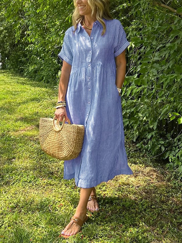 Effortless Midi Dress for Women with Short Sleeve Button Down
