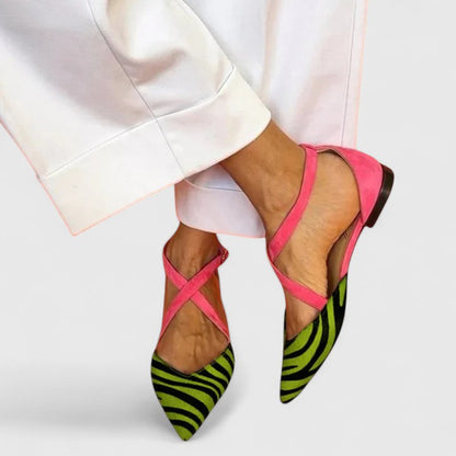 Elegant Sandals for Women with Pointed Toe Criss Cross Strap Zebra Print Flat Slip On Casual Style