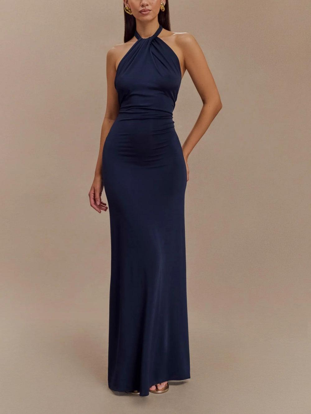 Elegant Halter Neck Maxi Dress for Women with Twist Knot Sleeveless Bodycon Formal Style