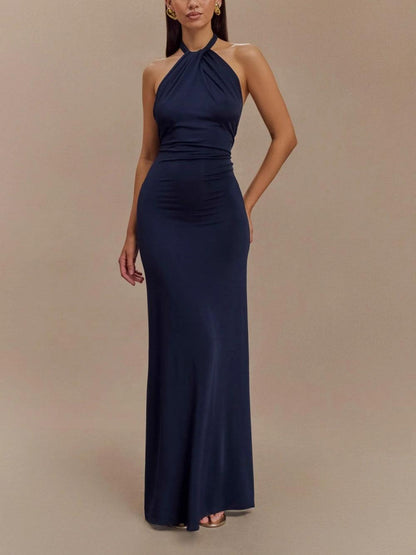Elegant Halter Neck Maxi Dress for Women with Twist Knot Sleeveless Bodycon Formal Style