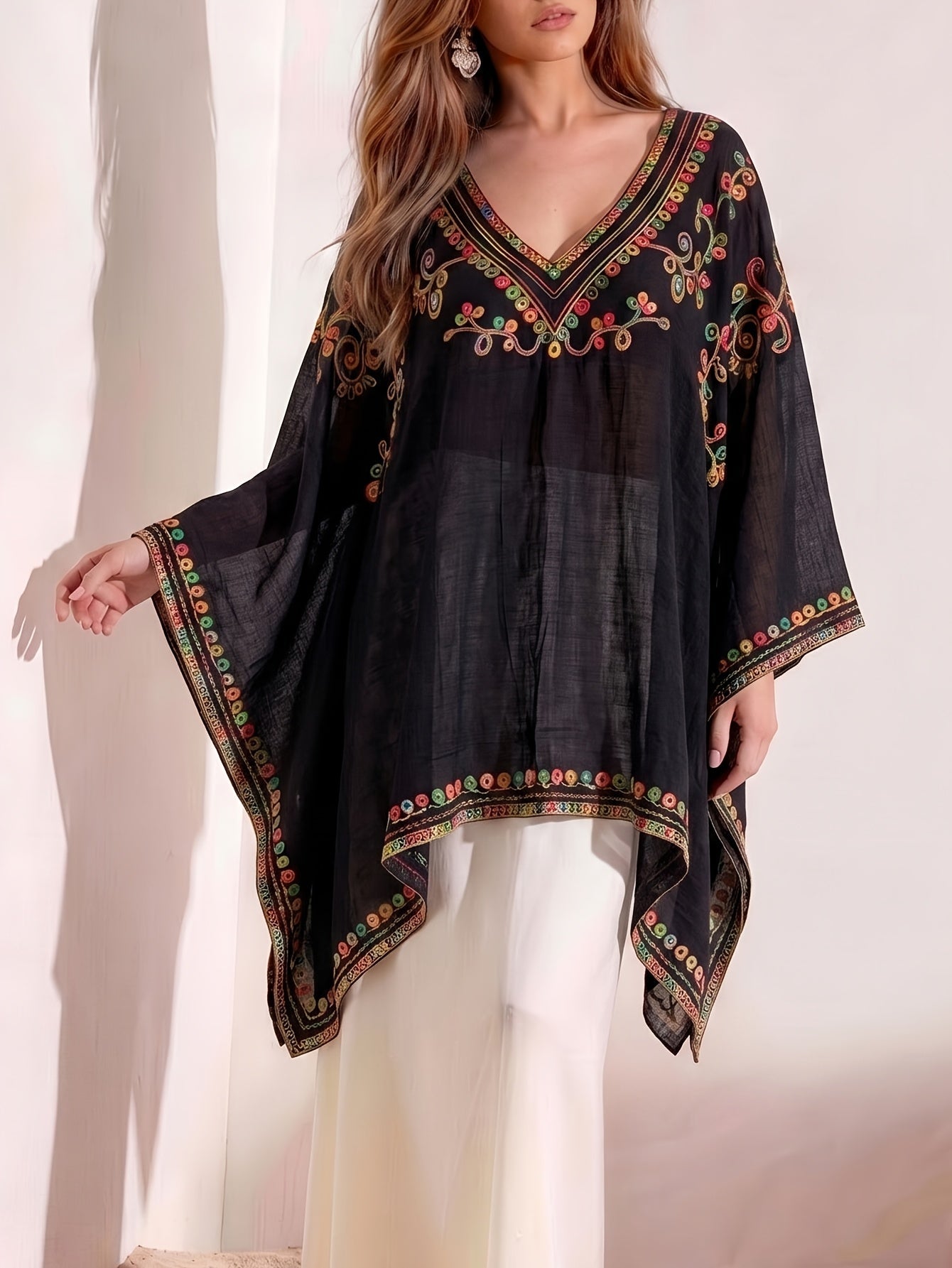 Effortless Poncho Shirts for Women with V-Neck Embroidered Trim Batwing Sleeve Style