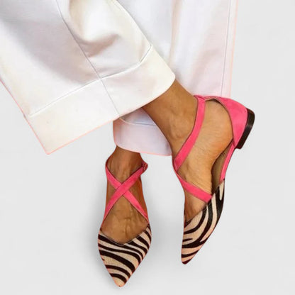 Elegant Sandals for Women with Pointed Toe Criss Cross Strap Zebra Print Flat Slip On Casual Style