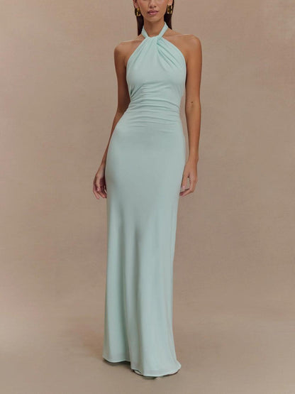 Elegant Halter Neck Maxi Dress for Women with Twist Knot Sleeveless Bodycon Formal Style