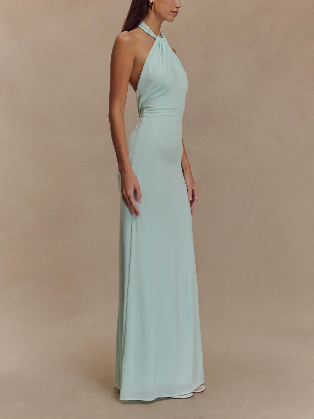 Elegant Halter Neck Maxi Dress for Women with Twist Knot Sleeveless Bodycon Formal Style