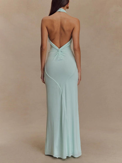 Elegant Halter Neck Maxi Dress for Women with Twist Knot Sleeveless Bodycon Formal Style