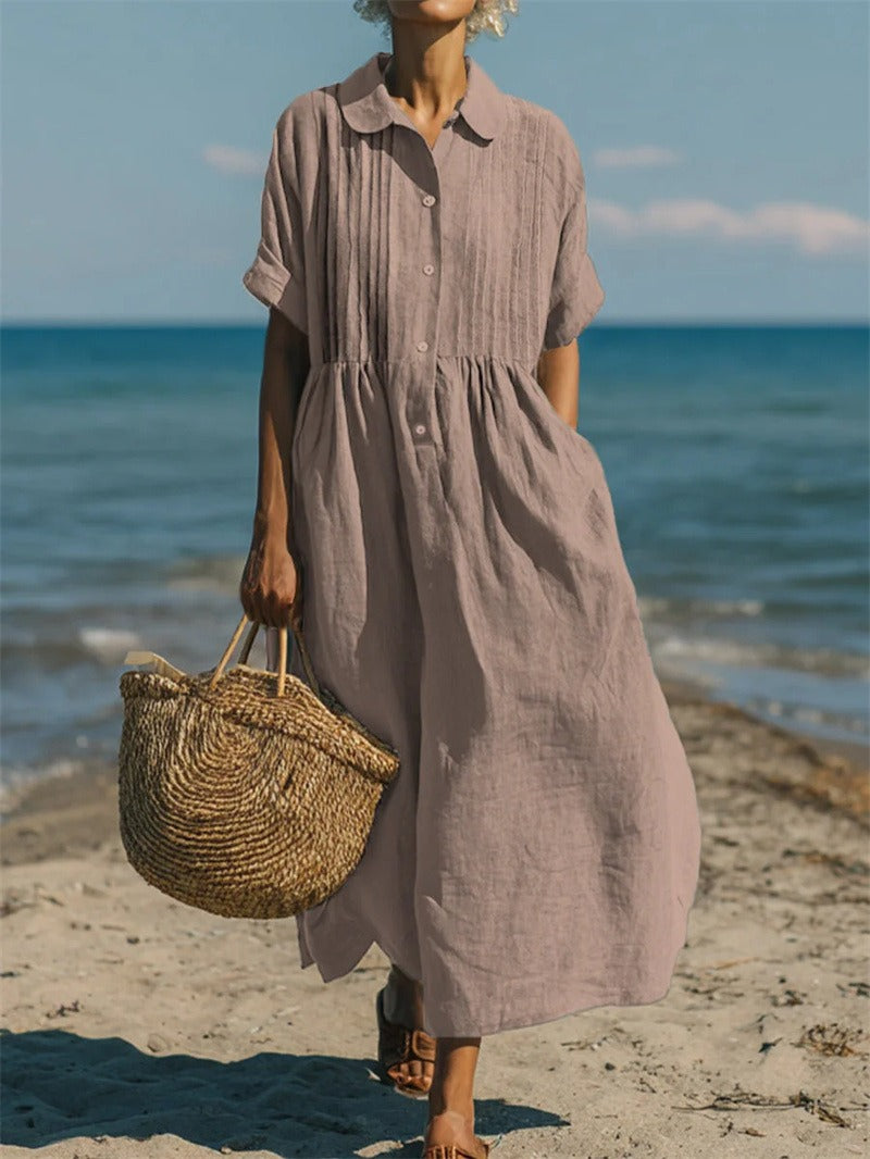 Stylish Maxi Dress for Women with Collared Short Sleeve Pleated