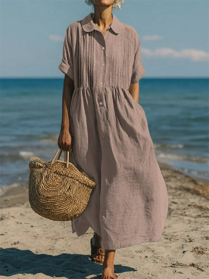 Stylish Maxi Dress for Women with Collared Short Sleeve Pleated