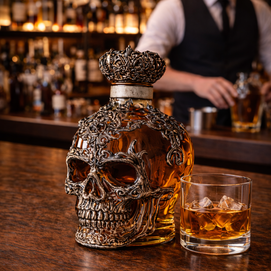 Stylish Whisky Decanter Bottle Gift Set with Skulls Design