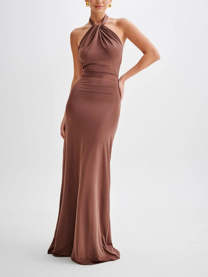 Elegant Halter Neck Maxi Dress for Women with Twist Knot Sleeveless Bodycon Formal Style