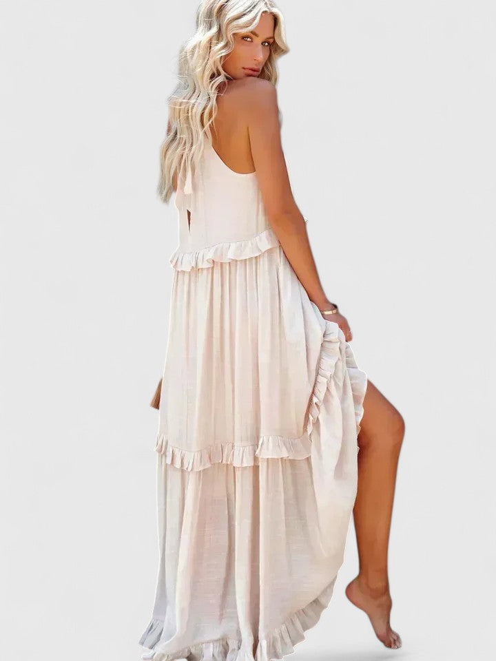 Effortless Ruffle Maxi Dresses for Women with Halter Neck Sleeveless Two Tone Casual Sundress Style